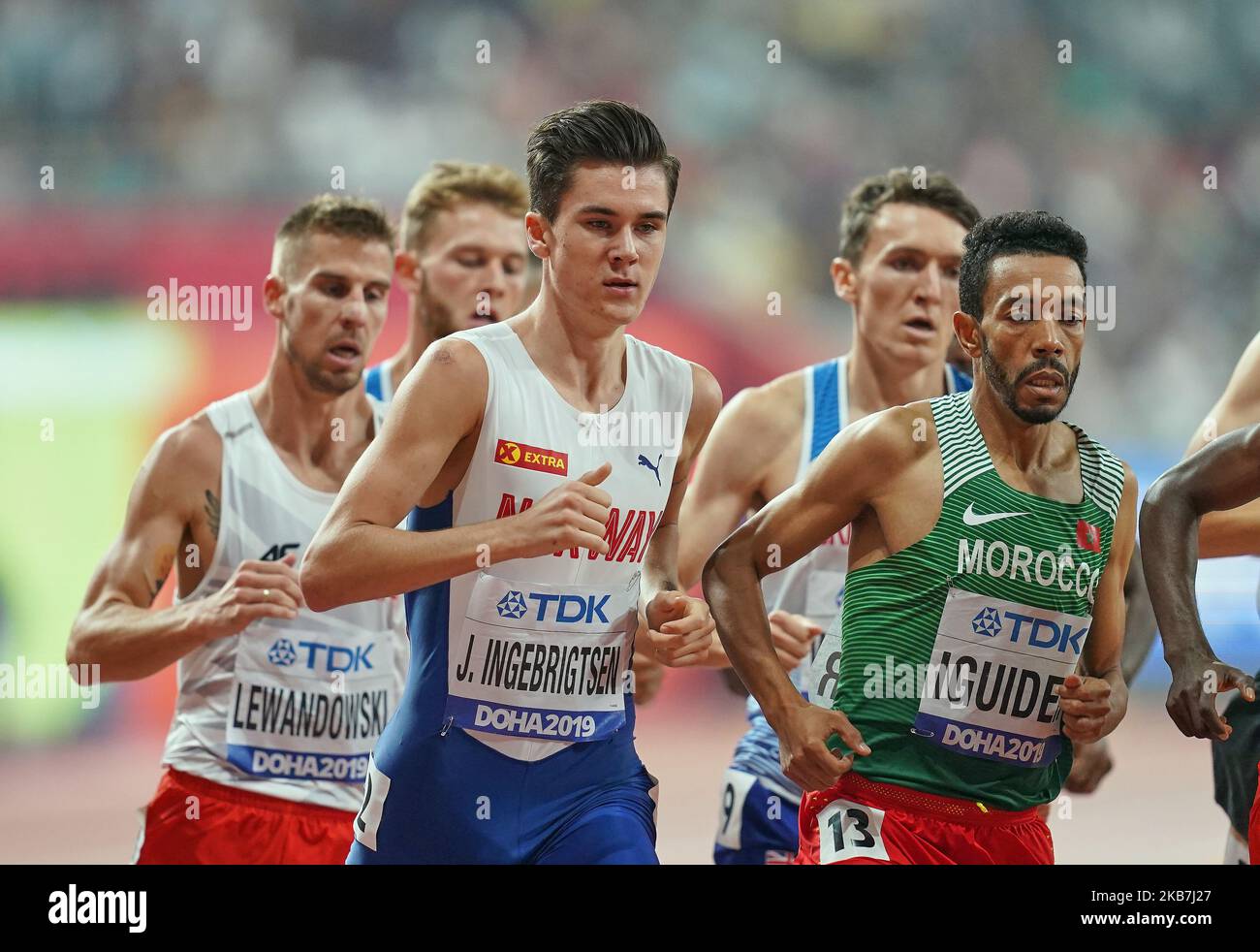 Jakob Ingebrigtsen aus Norwegen, der am 4. Oktober 2019 im Khalifa-Stadion in Doha, Katar, bei den IAAF-Leichtathletik-Weltmeisterschaften 17. im 1500-Meter-Lauf für Männer antritt. (Foto von Ulrik Pedersen/NurPhoto) Stockfoto