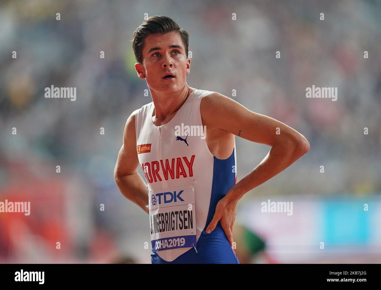 Jakob Ingebrigtsen aus Norwegen, der am 4. Oktober 2019 im Khalifa-Stadion in Doha, Katar, bei den IAAF-Leichtathletik-Weltmeisterschaften 17. im 1500-Meter-Lauf für Männer antritt. (Foto von Ulrik Pedersen/NurPhoto) Stockfoto