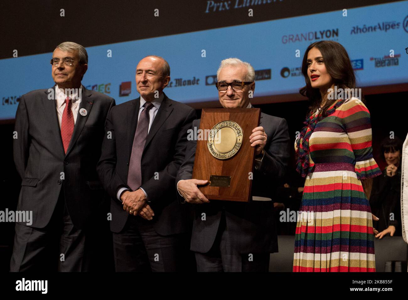 Gerard Collomb, Martin Scorsese, Salma Hayek während des Lumiere-Preises am 16. Oktober 2015 in Lyon, Frankreich. (Foto von Nicolas Liponne/NurPhoto) Stockfoto