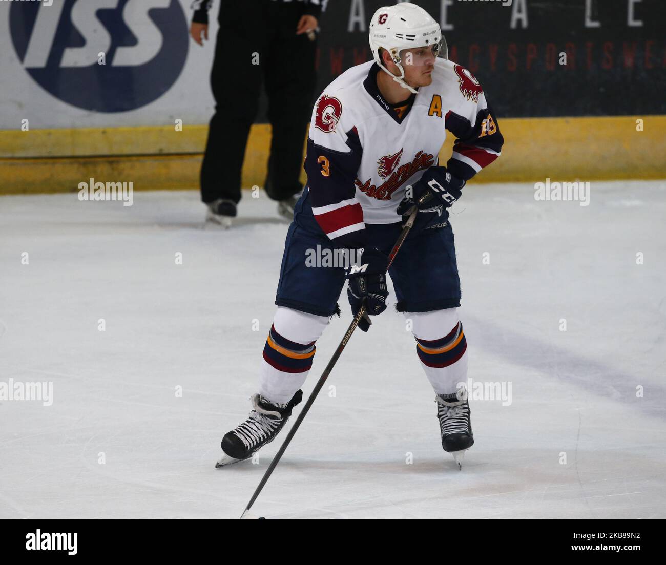 Marcus Mitchell von Guildford Phoenix während der National Ice Hockey League zwischen Guildford Phoenix und Swindon Wildcats 2 im Guildford Spectrum Stadium in Guildford, England am 13. Oktober 2019 (Foto von Action Foto Sport/NurPhoto) Stockfoto