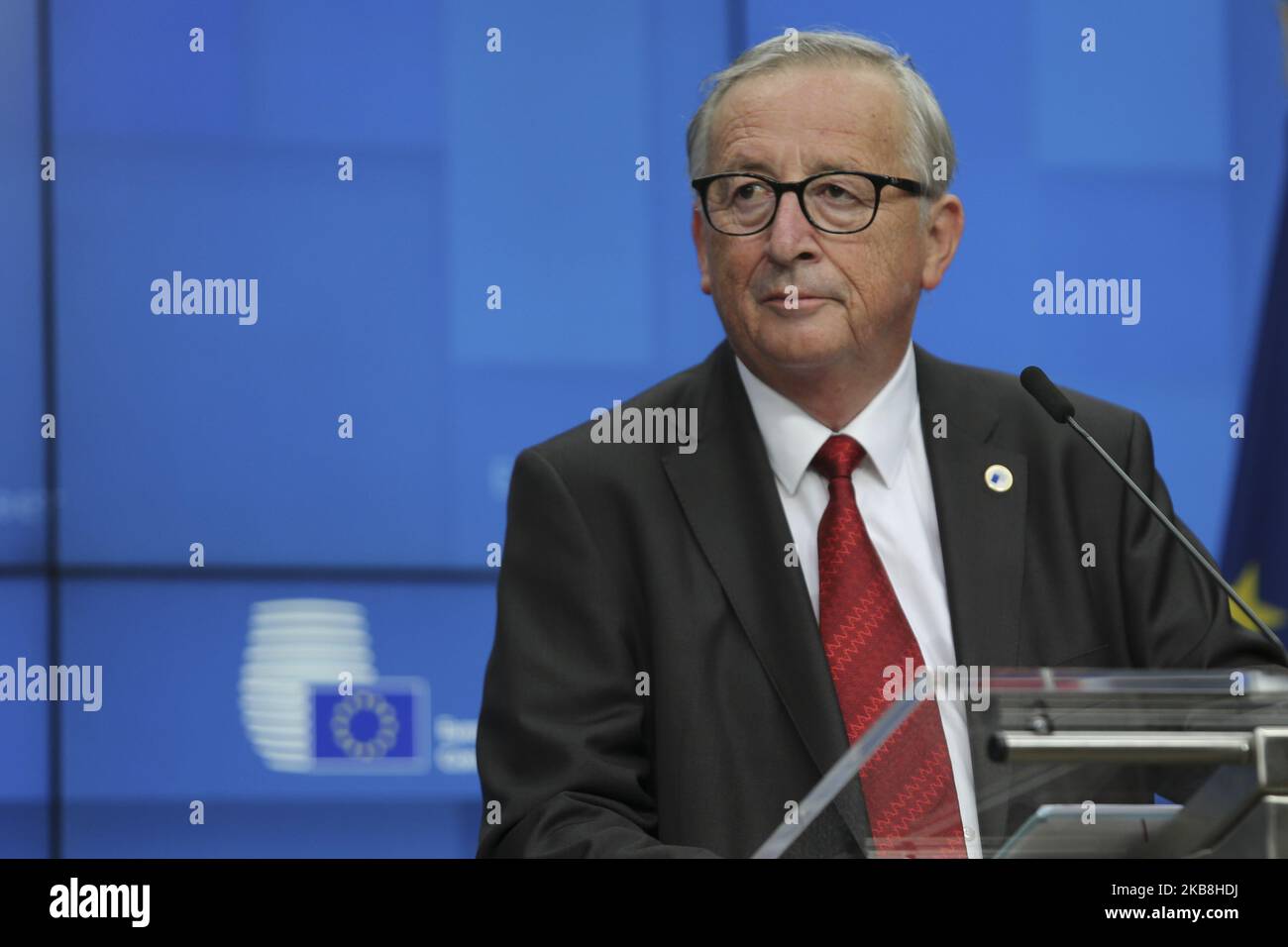 Jean-Claude Juncker, Präsident der Europäischen Kommission, wie in der Pressekonferenz zu sehen - Medienbriefing und Erklärung über den Brexit und Artikel 50 während des Europäischen Rates, Gipfeltreffen der EU-Staats- und Regierungschefs am 17. Oktober 2019. Die Verhandlungsführer der EU und Großbritanniens hatten sich am frühen Tag in Brüssel, Belgien, auf den Austritt des Vereinigten Königreichs aus der EU geeinigt. (Foto von Nicolas Economou/NurPhoto) Stockfoto