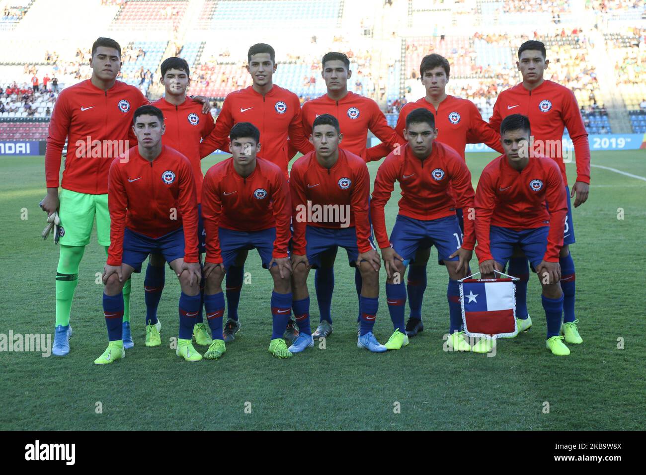 Die Startaufstimmung Chiles vor dem FIFA U-17 World Cup Brazil 2019 Gruppe C Spiel zwischen Chile und Korea Republic beim Estadio Kleber Andrade am 02. November 2019 in Vitoria, Brasilien. (Foto von Gilson Borba/NurPhoto) Stockfoto