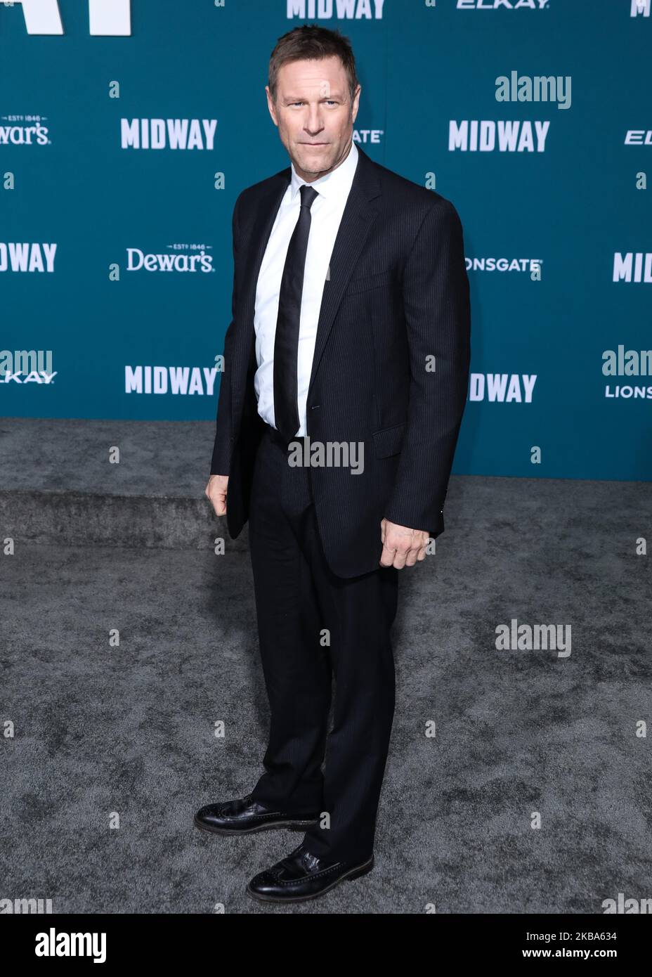 WESTWOOD, LOS ANGELES, KALIFORNIEN, USA - 05. NOVEMBER: Der Schauspieler Aaron Eckhart kommt zur Los Angeles-Premiere von Lionsgates 'Midway', die am 5. November 2019 im Regency Village Theatre in Westwood, Los Angeles, Kalifornien, USA, stattfand. (Foto von David Acosta/Image Press Agency/NurPhoto) Stockfoto