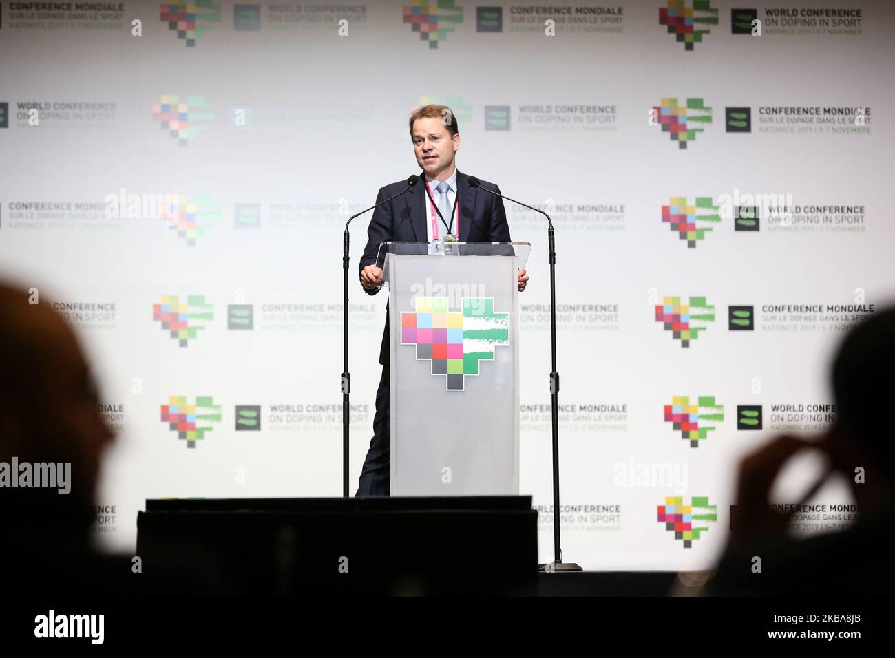 Bei der Abschlusszeremonie der Weltkonferenz des Dopings im Sport 2019, die von der Welt-Anti-Doping-Agentur am 7. November 2019 in Katowice, Polen, organisiert wurde. Die dreitägige Konferenz versammelt Akteure der weltweiten Anti-Doping-Bekämpfung und zielt darauf ab, den neuen Welt-Anti-Doping-Kodex und internationale Standards zu unterstützen sowie einen neuen WADA-Präsidenten und -Vizepräsidenten zu wählen. (Foto von Dominika Zarzycka/NurPhoto) Stockfoto