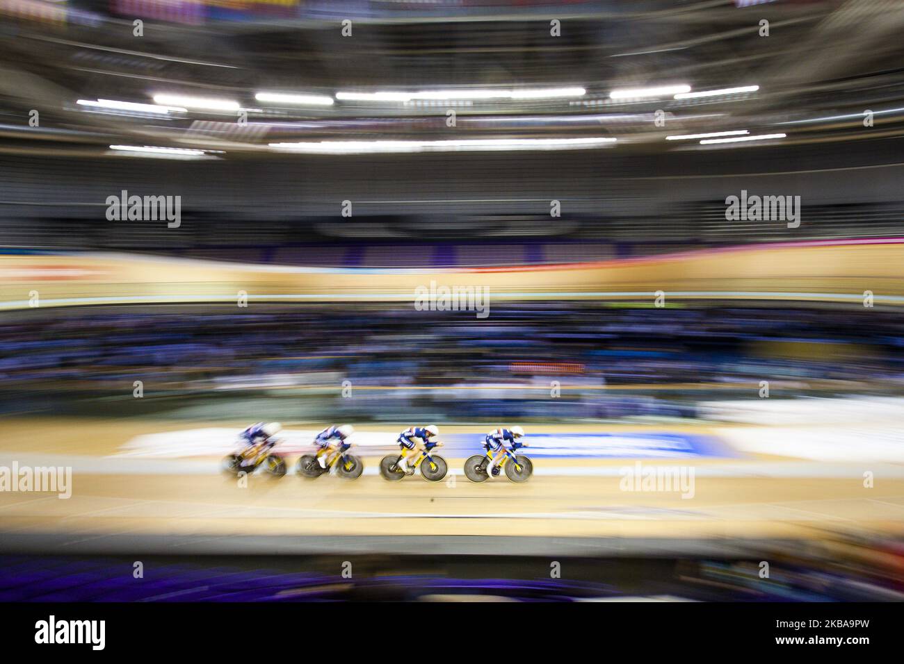 Clara Copponi, Marion Borras, Valentine Fortin und Le Marie Net aus Frankreich im Einsatz während des Women's Team Pursuit Qualifying am 7. November 2019 im Sir Chris Hoy Velodrome in Glasgow, Schottland. (Foto von Ewan Bootman/NurPhoto) Stockfoto