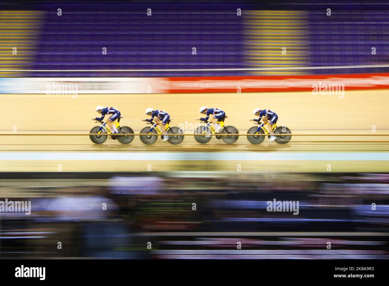 Clara Copponi, Marion Borras, Valentine Fortin und Le Marie Net aus Frankreich im Einsatz während des Women's Team Pursuit Qualifying am 7. November 2019 im Sir Chris Hoy Velodrome in Glasgow, Schottland. (Foto von Ewan Bootman/NurPhoto) Stockfoto
