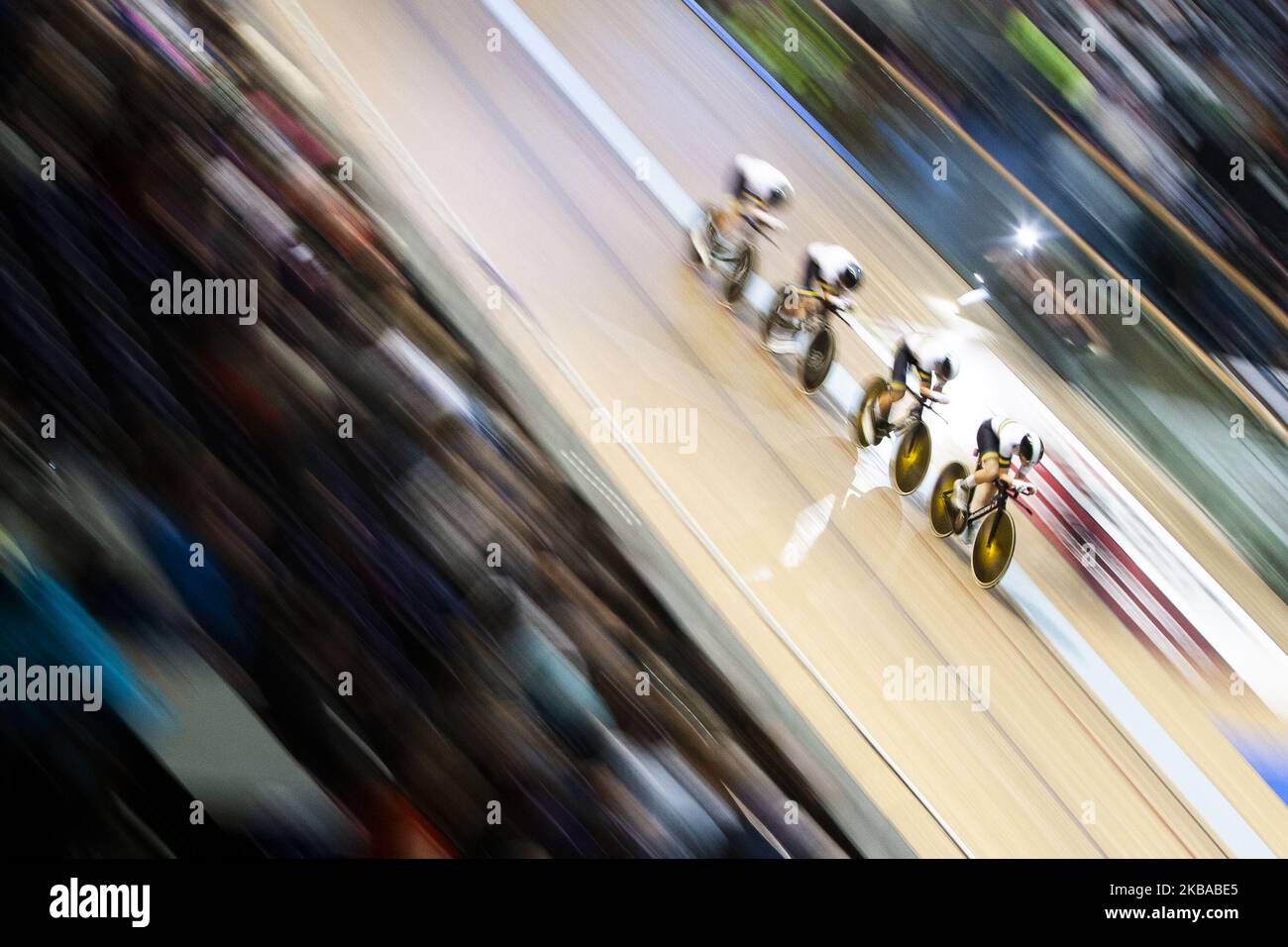 Sophie Edwards, Kristina Clonan, Alex Martin-Wallace und Macey Stwart aus Australien in Aktion während der ersten Runde des Women's Team Pursuit Qualifying im Sir Chris Hoy Velodrome am ersten Tag der UCI Track Cycling World Cup am 8. November 2019 in Glasgow, Schottland. (Foto von Ewan Bootman/NurPhoto) Stockfoto