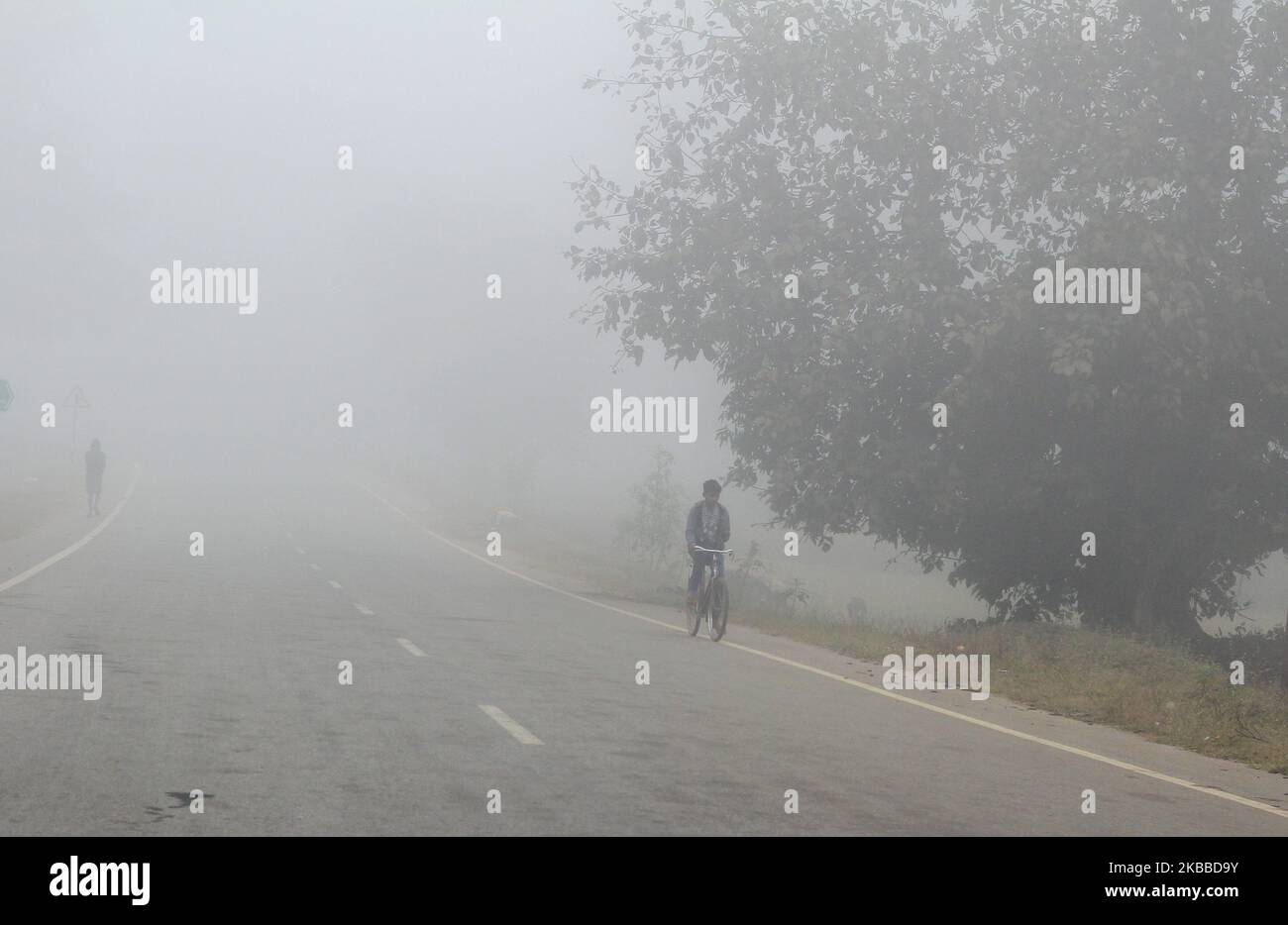 Nebel umhüllte sich in der Hills Station Road bei Belghar im Kandhamal Bezirk, als die Wintersaison beginnt, 220 km entfernt von der östlichen indischen Bundesstaat Odisha Hauptstadt Bhubaneswar. Kandhamal ist der kälteste Ort in Ostindien und jedes Jahr Temperetur mit Minusgraden. (Foto von STR/NurPhoto) Stockfoto