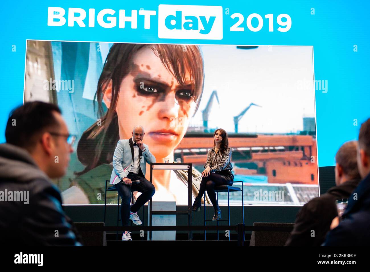 Stefanie Joosten, die im Metal Gear Spiel Metal Gear Solid V: The Phantom Pain sowohl als visuelles als auch als Stimmmodell für Quiet ausgewählt wurde, spricht während des Bright Day Festivals am 23.. November 2019 in Amsterdam. (Foto von Romy Arroyo Fernandez/NurPhoto) Stockfoto