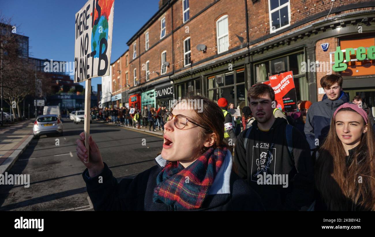 Ein Student hält ein Plakat während der Klimaproteste im Stadtzentrum von Sheffield, England, am 29. November 2019. Hunderte von Studenten gehen aus ihrem Unterricht, während sie auf die Straße gehen, um einen Teil eines globalen Jugendschutzes gegen den Klimawandel zu demonstrieren. (Foto von Giannis Alexopoulos/NurPhoto) Stockfoto
