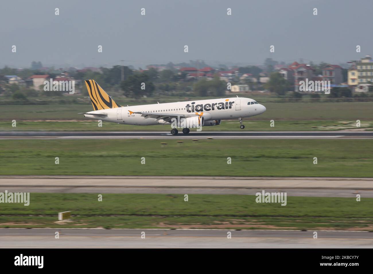 Tigerair Airbus A320 Flugzeug mit der Registrierung 9V-TAV, wie bei der endgültigen Landung in der Hauptstadt von Vietnam, Noi Bai International Airport HAN VVNB, gesehen. Tiger Airways / TR / TGW / GO CAT war eine Billigfluggesellschaft mit Hauptsitz in Singapur, die am 2017. Juli mit Scoot fusioniert wurde. (Foto von Nicolas Economou/NurPhoto) Stockfoto