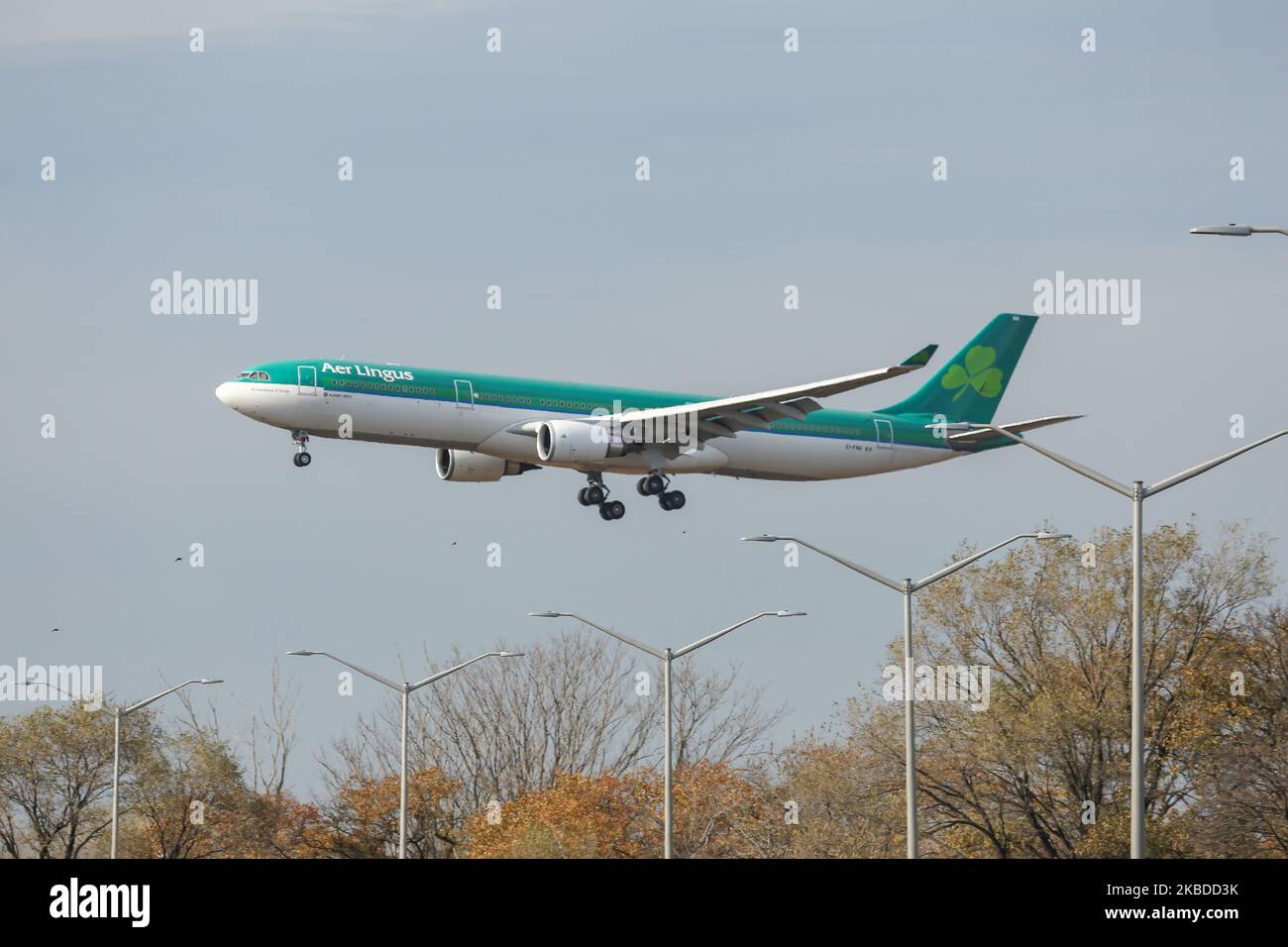 Aer Lingus Airbus A330-300, gesehen bei der endgültigen Landung auf dem John F. Kennedy International Airport in New York am 14. November 2019. Das Flugzeug hat die Registrierung Ei-FNH, 2x GE-Düsenmotoren und den Namen St Laurence O'Toole / Lorcan O Tuathail. Aer Lingus mit IATA-Code Ei, ICAO EIN und Rufzeichen Shamrock ist die irische Flag-Carrier-Fluggesellschaft mit Sitz in der irischen Hauptstadt Dublin und Mitglied der oneworld-Luftfahrtallianz. (Foto von Nicolas Economou/NurPhoto) Stockfoto