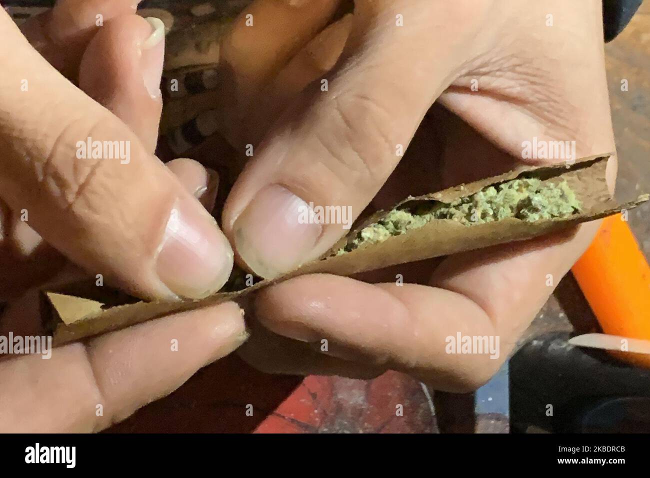 Freizeitkonsum von Marihuana wird am ersten Tag des legalisierten Cannabis in Chicago, Illinois, USA, am 1. Januar 2020 beobachtet. Illinois wurde der elfte Staat in den Vereinigten Staaten, der Marihuana für Erholungszwecke legalisierte. Die Sammlung umfasst einen Benutzer, der Unkraut in einem Zigarillo rollt, Benutzer, die eine Bong und stumpf rauchen und einen Behälter entschließen. (Foto von Patrick Gorski/NurPhoto) Stockfoto