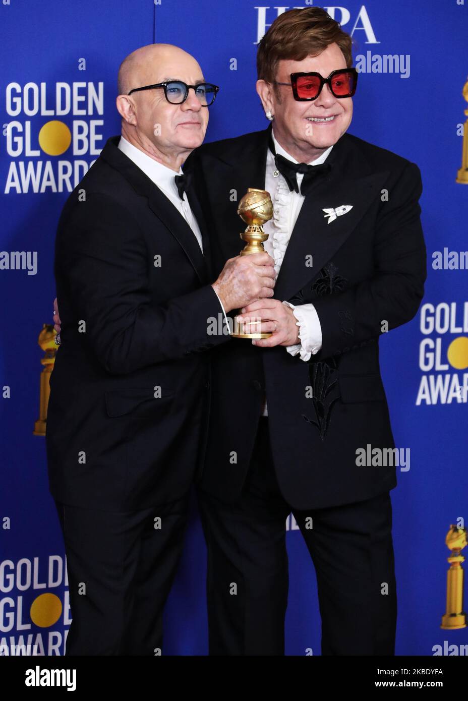 BEVERLY HILLS, LOS ANGELES, KALIFORNIEN, USA - 05. JANUAR: Bernie Taupin und Elton John posieren im Presseraum bei den jährlichen Golden Globe Awards 77., die am 5. Januar 2020 im Beverly Hilton Hotel in Beverly Hills, Los Angeles, Kalifornien, USA, abgehalten wurden. (Foto von Xavier Collin/Image Press Agency/NurPhoto) Stockfoto