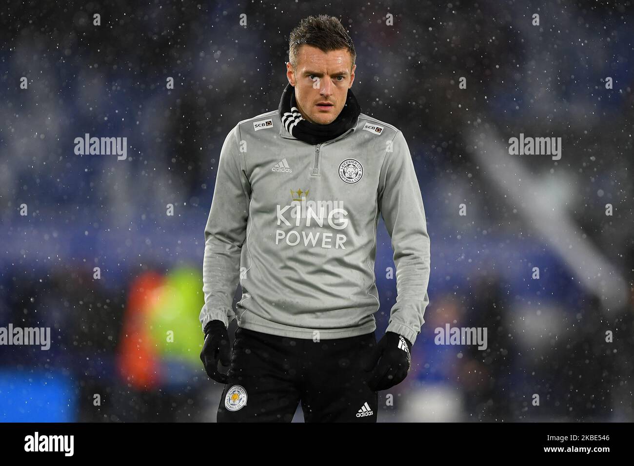 Jamie Vardy (9) von Leicester City erwärmt sich während des Carabao Cup Halbfinales 1. zwischen Leicester City und Aston Villa am Mittwoch, 8.. Januar 2020, im King Power Stadium, Leicester. (Foto von Jon Hobley/MI News/NurPhoto) Stockfoto