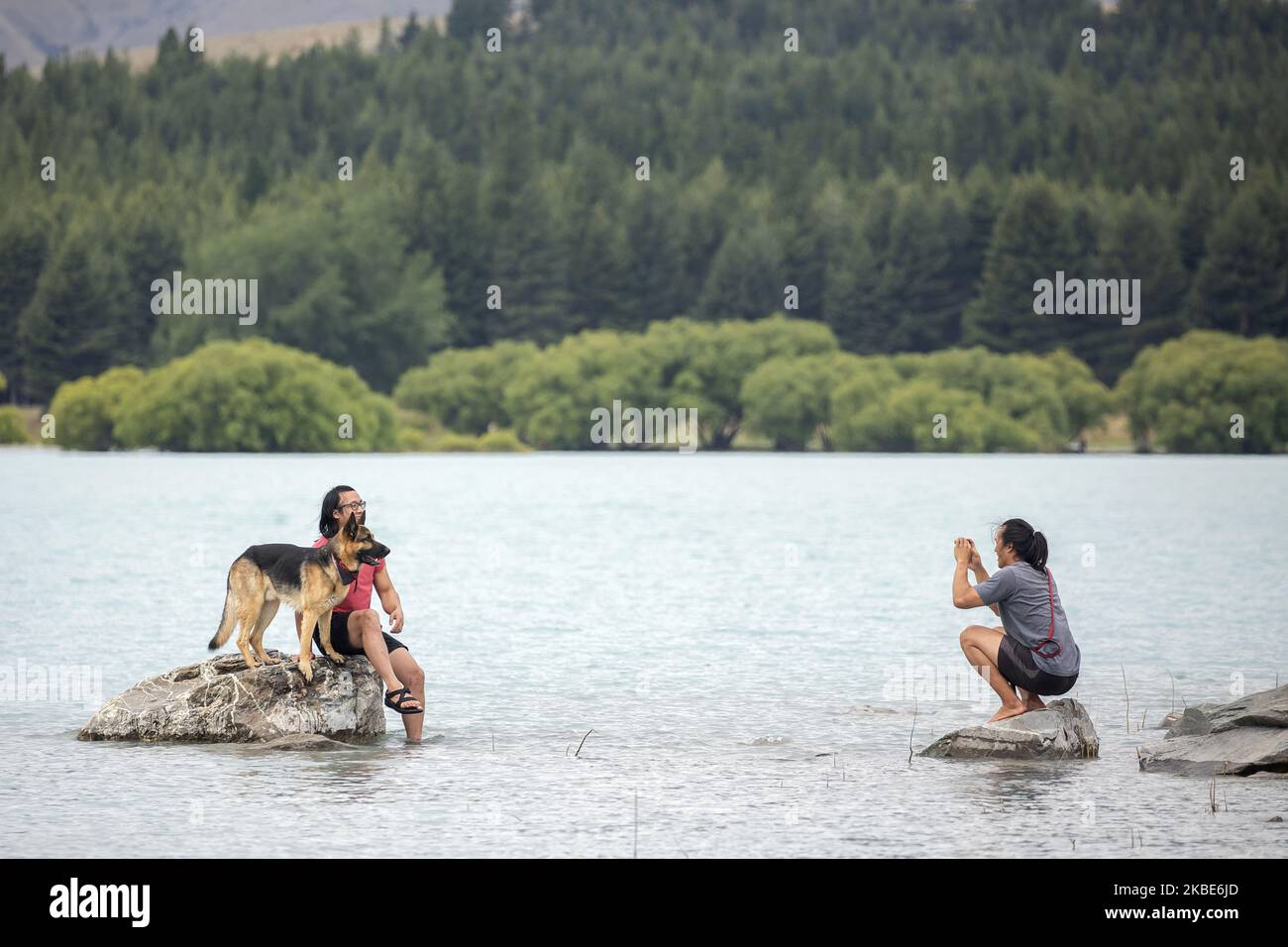 Am 10. Januar 2020 posiert ein Besucher mit seinem Hund am See TekapoÂ auf der zentralen Südinsel von New ZealandÂ für Fotos.Â Tekapo ist eine der beliebtesten Touristenattraktionen Neuseelands.Â Â (Foto: Sanka Vidanagama/NurPhoto) Stockfoto
