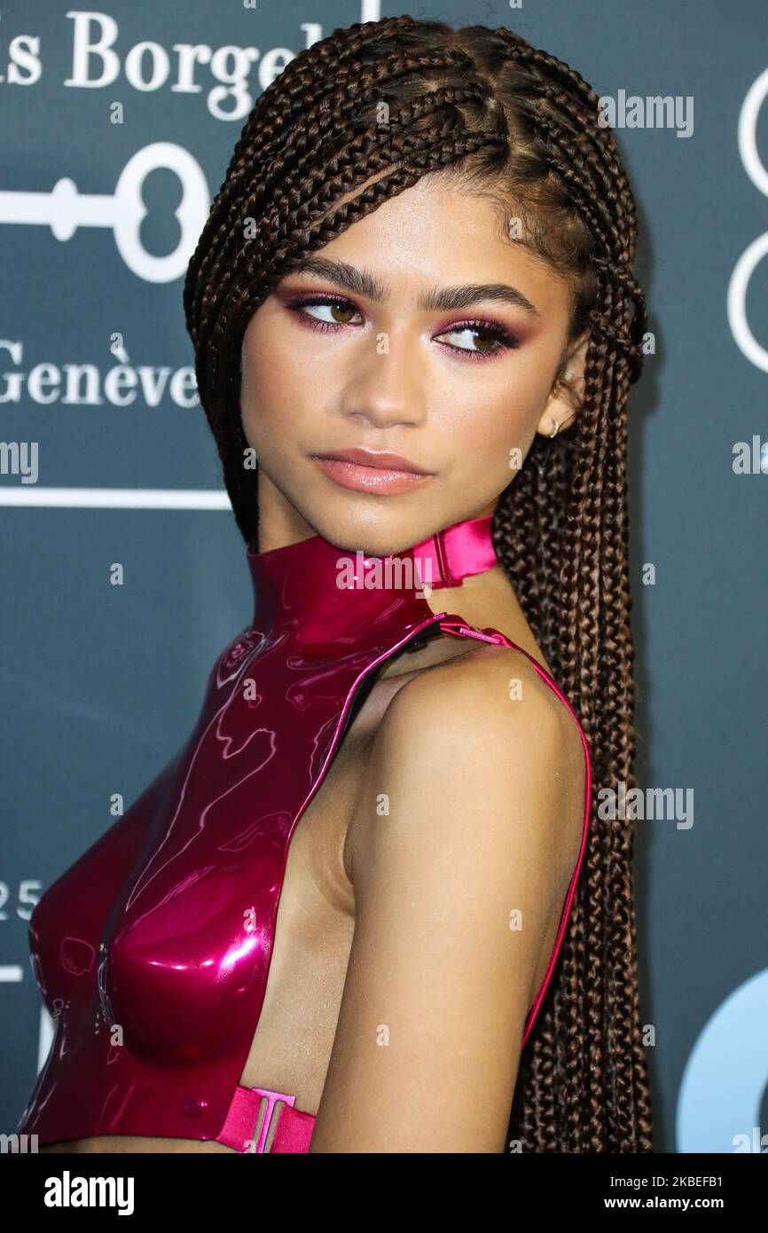 SANTA MONICA, LOS ANGELES, KALIFORNIEN, USA - 12. JANUAR: Die Schauspielerin Zendaya Coleman im Kleid von Tom Ford und die Schuhe von Christian Louboutin kommen bei den Annual Critics' Choice Awards 25. an, die am 12. Januar 2020 im Barker Hangar in Santa Monica, Los Angeles, Kalifornien, USA, verliehen wurden. (Foto von Xavier Collin/Image Press Agency/NurPhoto) Stockfoto