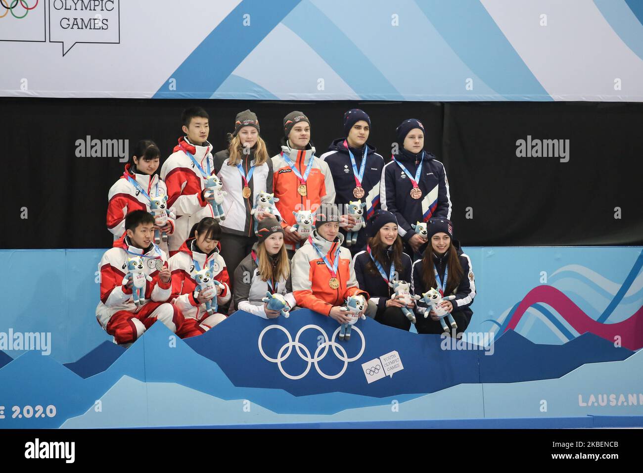 Die Verrückten feiern am 16. Januar 2020 im Curling Mixed Team am 7. Tag der Olympischen Winterspiele der Jugend in Lausanne 2020 in der Curling Arena von Champery, Schweiz. (Foto von Dominika Zarzycka/NurPhoto) Stockfoto