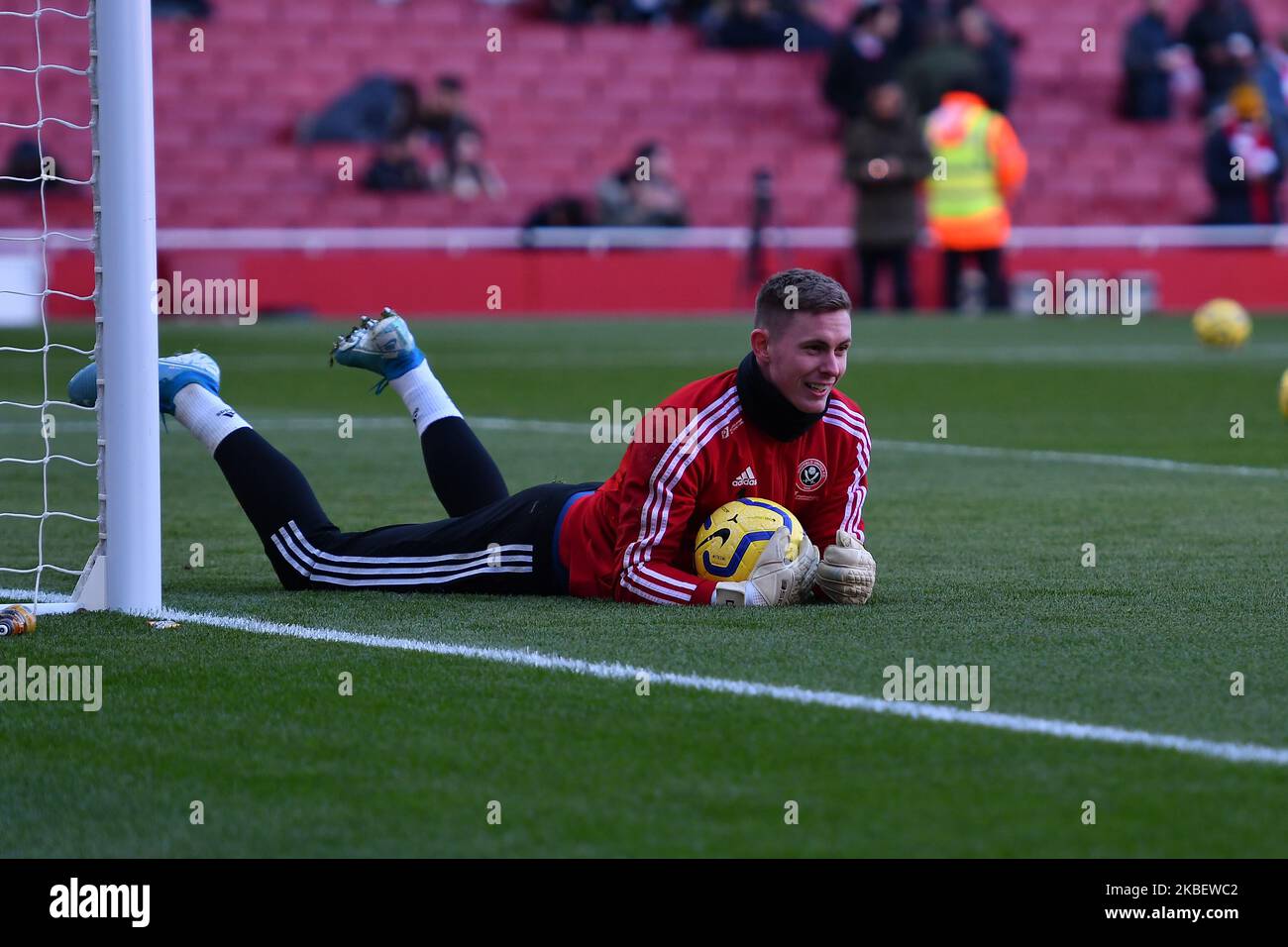 Dean Henderson, der englische Torhüter von Sheffield United, wurde am 18. Januar 2020 im Emirates Stadium in London, Großbritannien, beim Warm-up vor dem Premier League-Spiel zwischen dem FC Arsenal und Sheffield United ausgetragen. (Foto von MI News/NurPhoto) Stockfoto