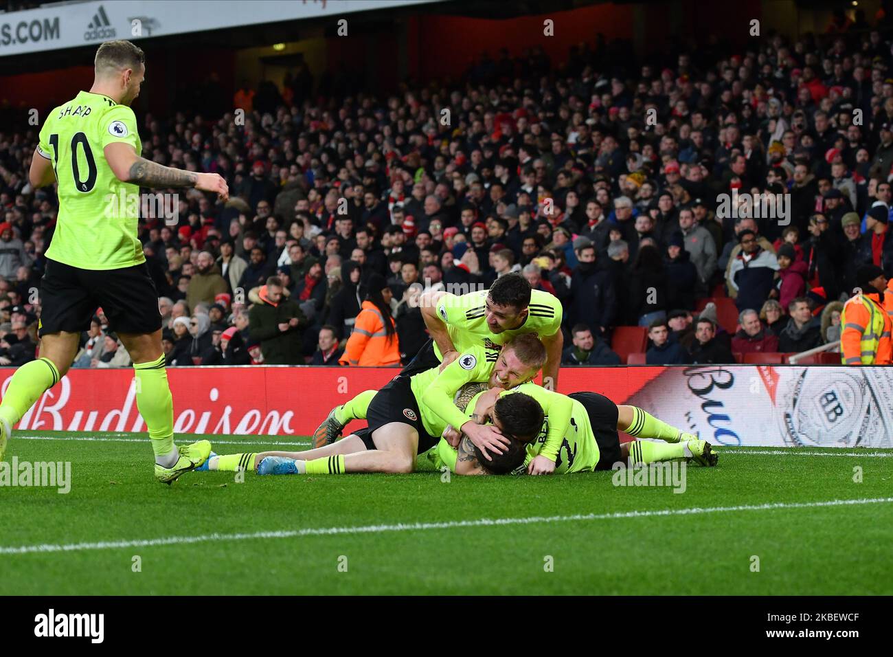 John Fleck von Sheffield United feiert das erste Tor seiner Seite beim Premier League-Spiel zwischen Arsenal FC und Sheffield United im Emirates Stadium am 18. Januar 2020 in London, Großbritannien. (Foto von MI News/NurPhoto) Stockfoto