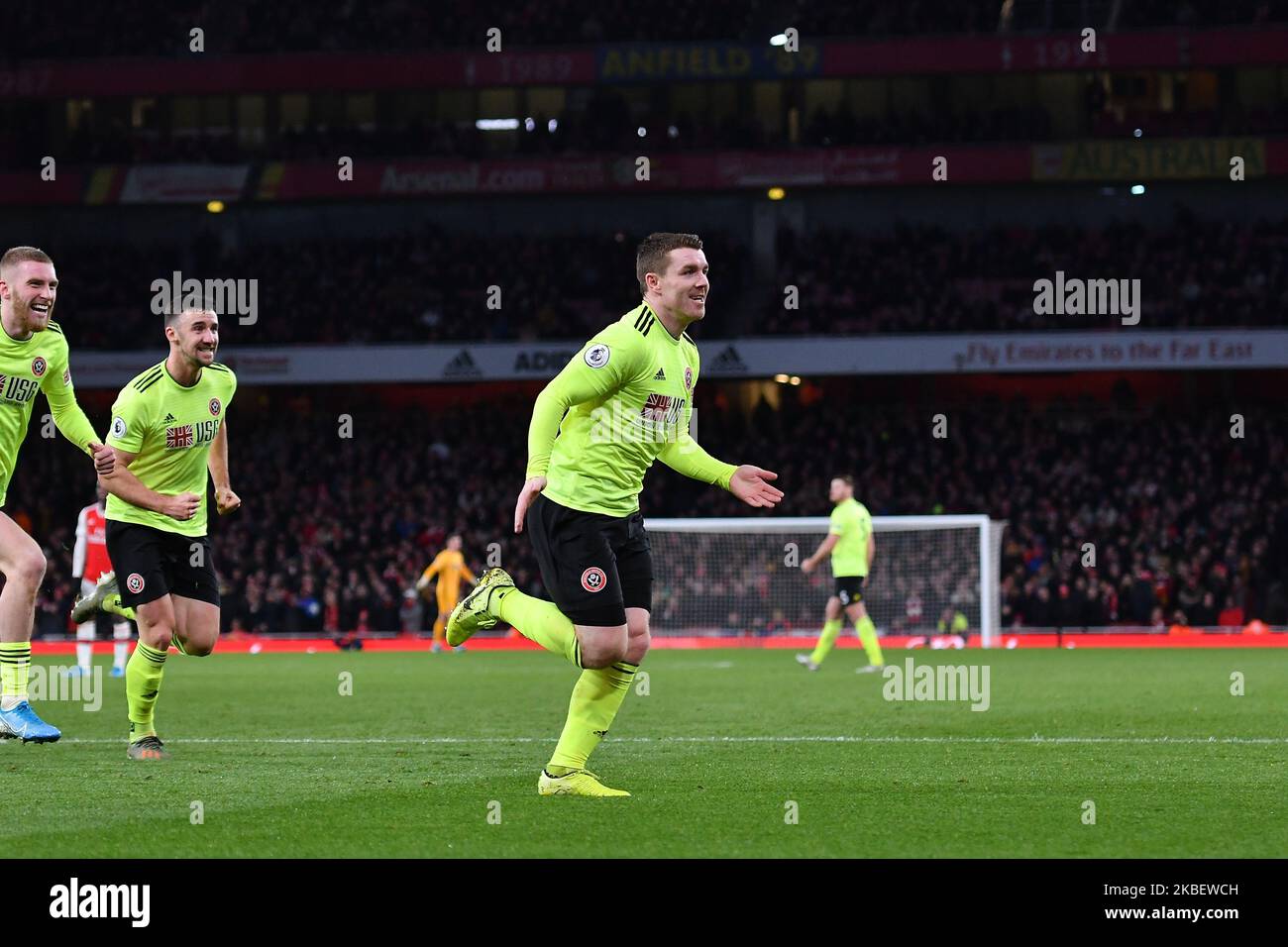 John Fleck von Sheffield United feiert das erste Tor seiner Seite beim Premier League-Spiel zwischen Arsenal FC und Sheffield United im Emirates Stadium am 18. Januar 2020 in London, Großbritannien. (Foto von MI News/NurPhoto) Stockfoto