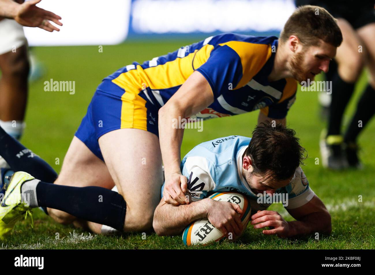 Michael Young von Newcastle Falcons punktet beim Greene King IPA Championship-Spiel zwischen Yorkshire Carnegie und Newcastle Falcons am Sonntag, den 19.. Januar 2020 im Headingley Carnegie Stadium, Leeds. (Foto von Chris Lishman/MI News/NurPhoto ) Stockfoto