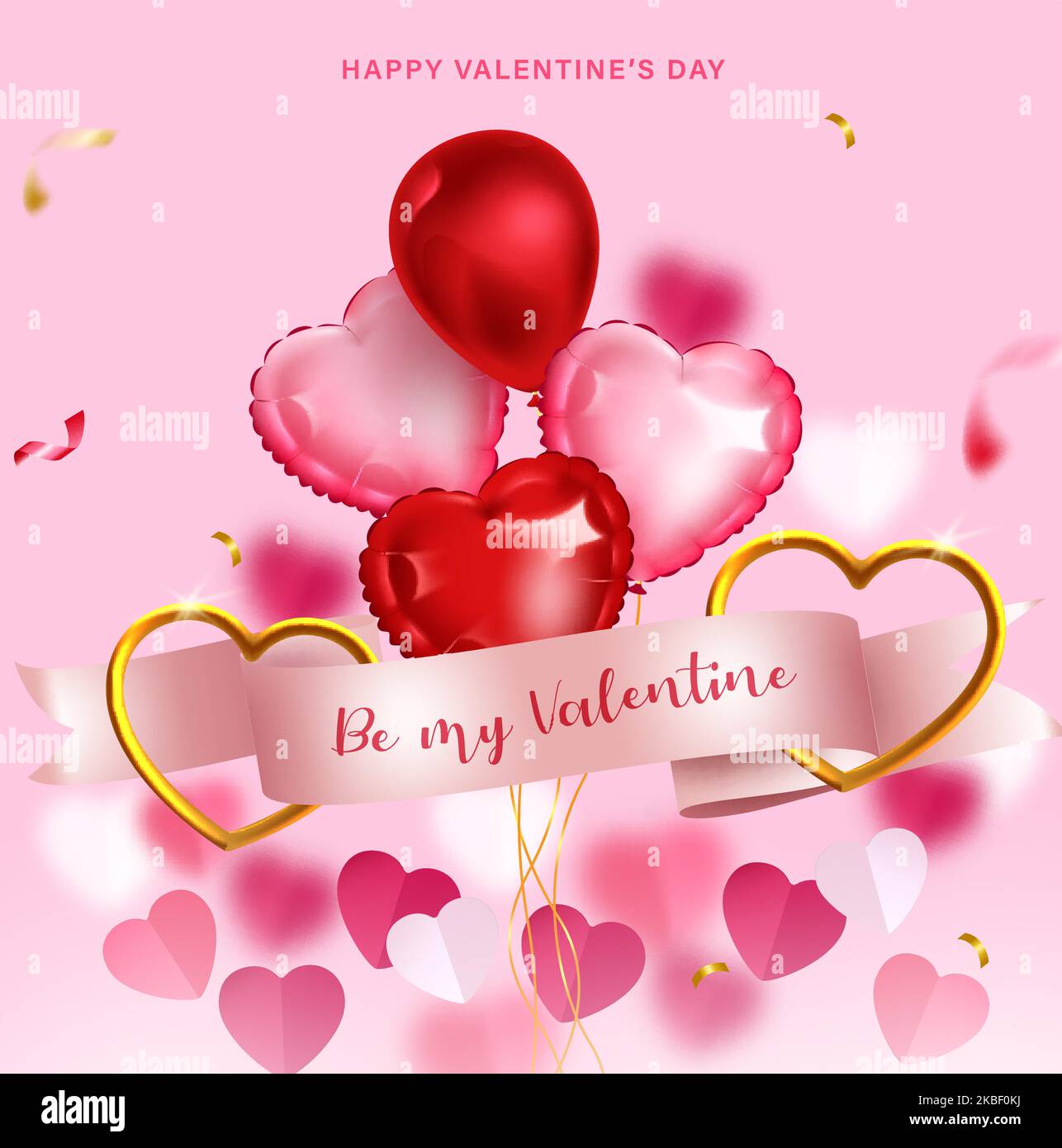 Herzballons-Vektorkonzept-Design. Sei mein valentinstag-Text in Band-Lasso mit Ballonband und Papierherzen-Elementen zum valentinstag. Stock Vektor