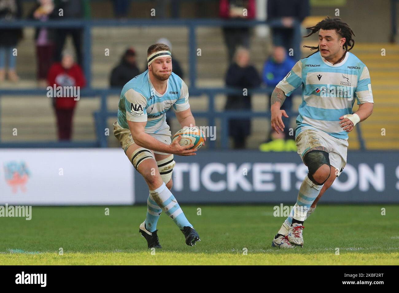 Callum Chick und Sam Lockwood von Newcastle Falcons während des Greene King IPA Championship Matches zwischen Yorkshire Carnegie und Newcastle Falcons am Sonntag, 19.. Januar 2020 im Headingley Carnegie Stadium, Leeds. (Foto von Mark Fletcher/MI News/NurPhoto) Stockfoto