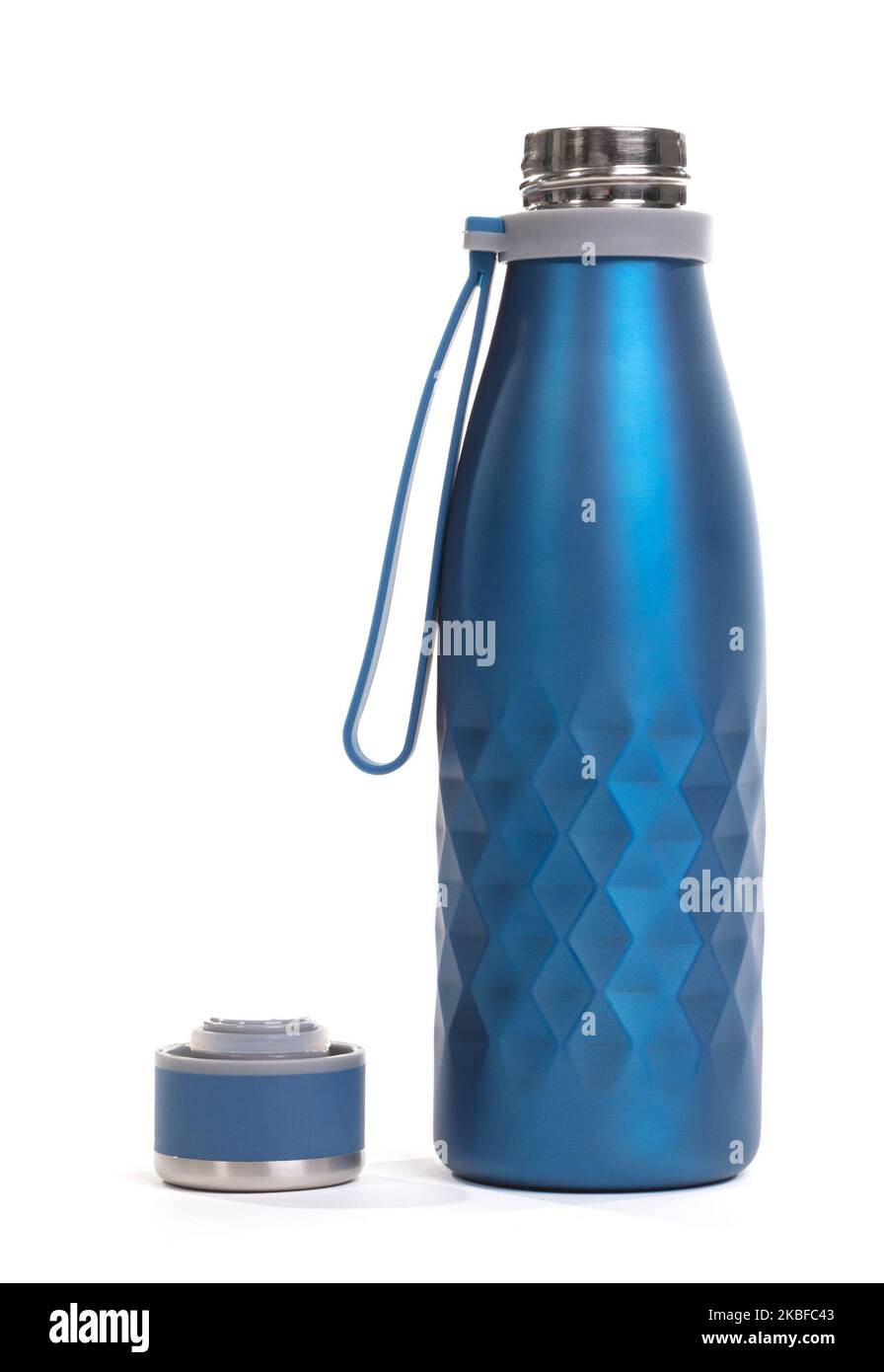 Wiederverwendbare Wasserflasche, isoliert auf weißem Hintergrund Stockfoto
