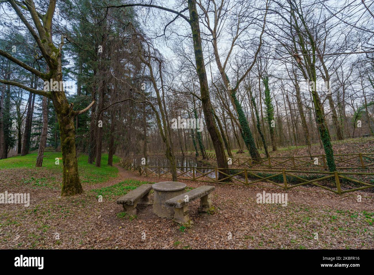 Blick auf Bäume, Wasserbach und einen Picknicktisch, im Monza Park, an einem klaren Wintertag. Monza, Lombardei, Norditalien Stockfoto