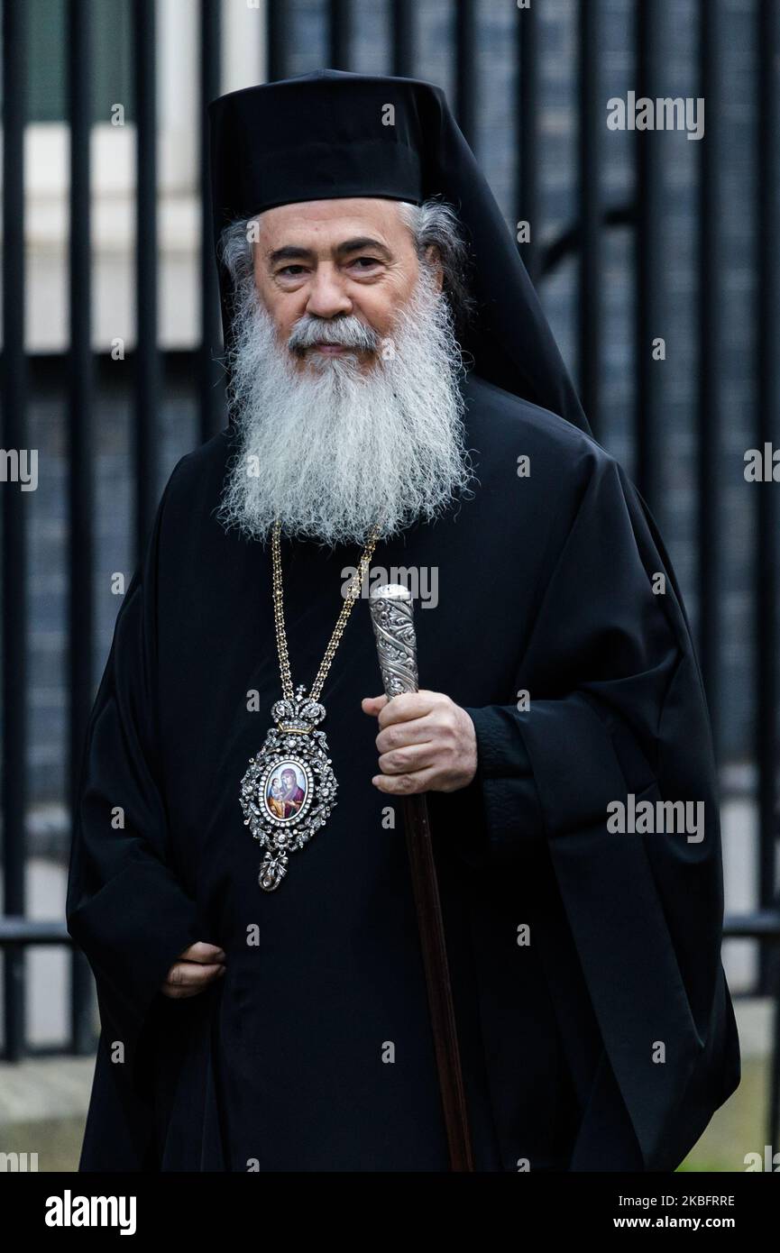 Der griechisch-orthodoxe Patriarch von Jerusalem, Theophilos III., kommt am 29. Januar 2020 zu einem Treffen in der Downing Street in London, England, an. (Foto von Wiktor Szymanowicz/NurPhoto) Stockfoto