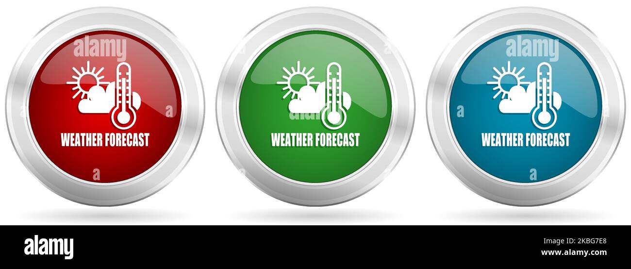 Vektorsymbol für Wettervorhersage eingestellt. Rote, blaue und grüne silberne Metallic-Web-Knöpfe mit Chromrand Stock Vektor