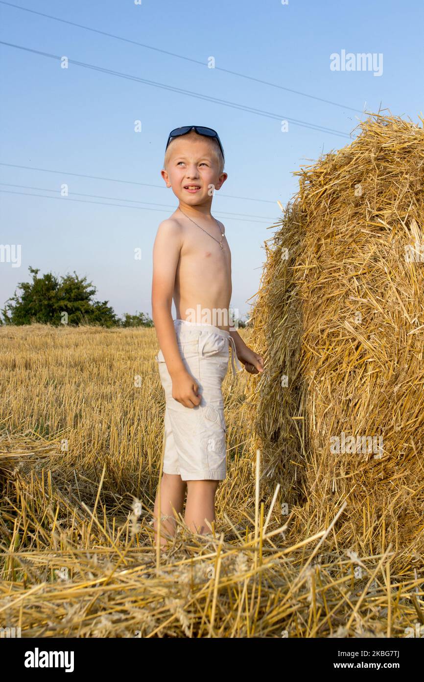 Jungens Blick auf ein Weizenfeld in der Nähe eines Strohballen Stockfoto