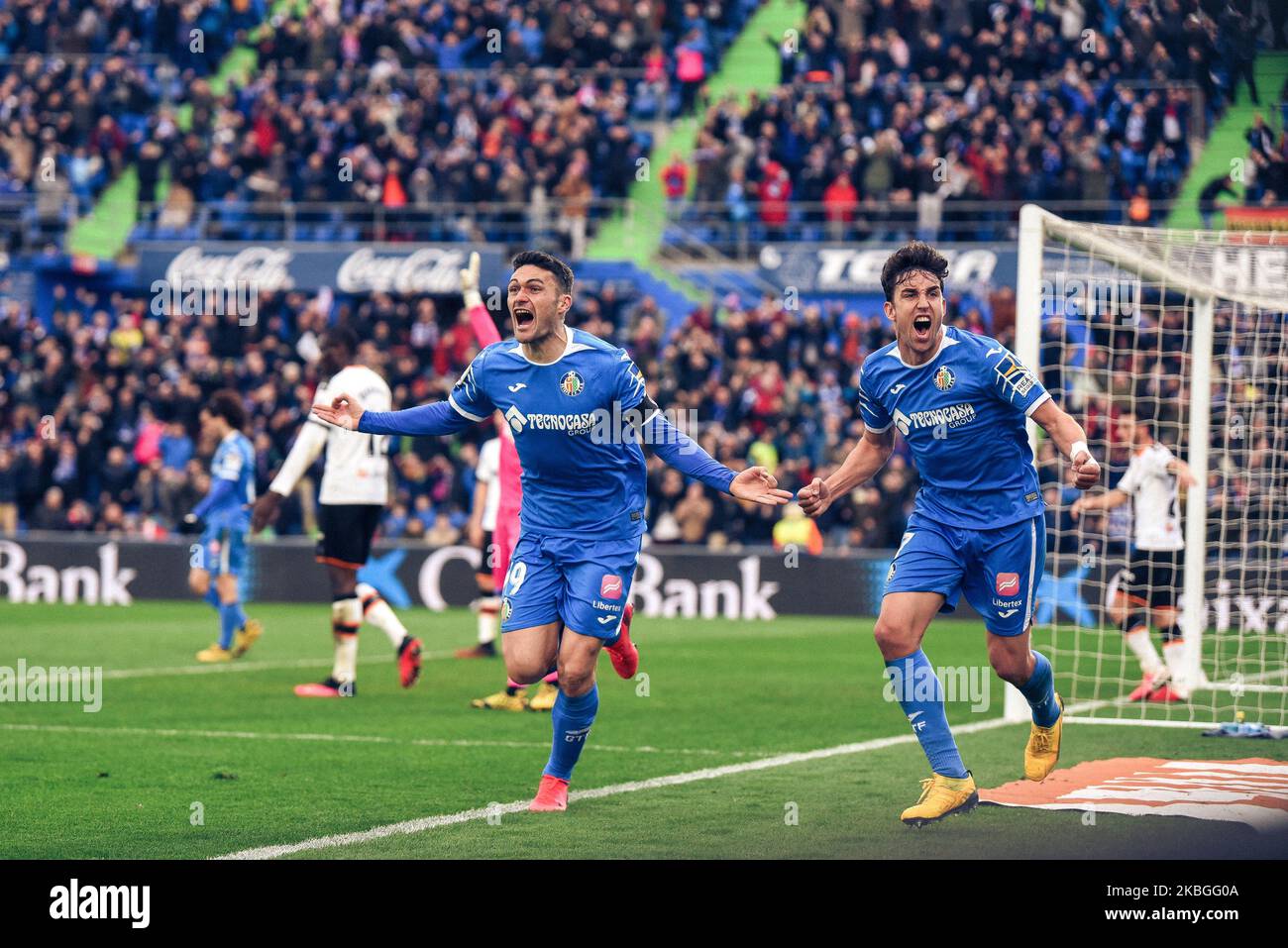 Jorge Molina und Jaime Mata feiern am 08. Februar 2020 im Coliseum Alfonso perez in Getafe, Spanien, ein Tor während des La Liga-Spiels zwischen Getafe CF und Valencia CF. (Foto von Rubén de la Fuente Pérez/NurPhoto) Stockfoto