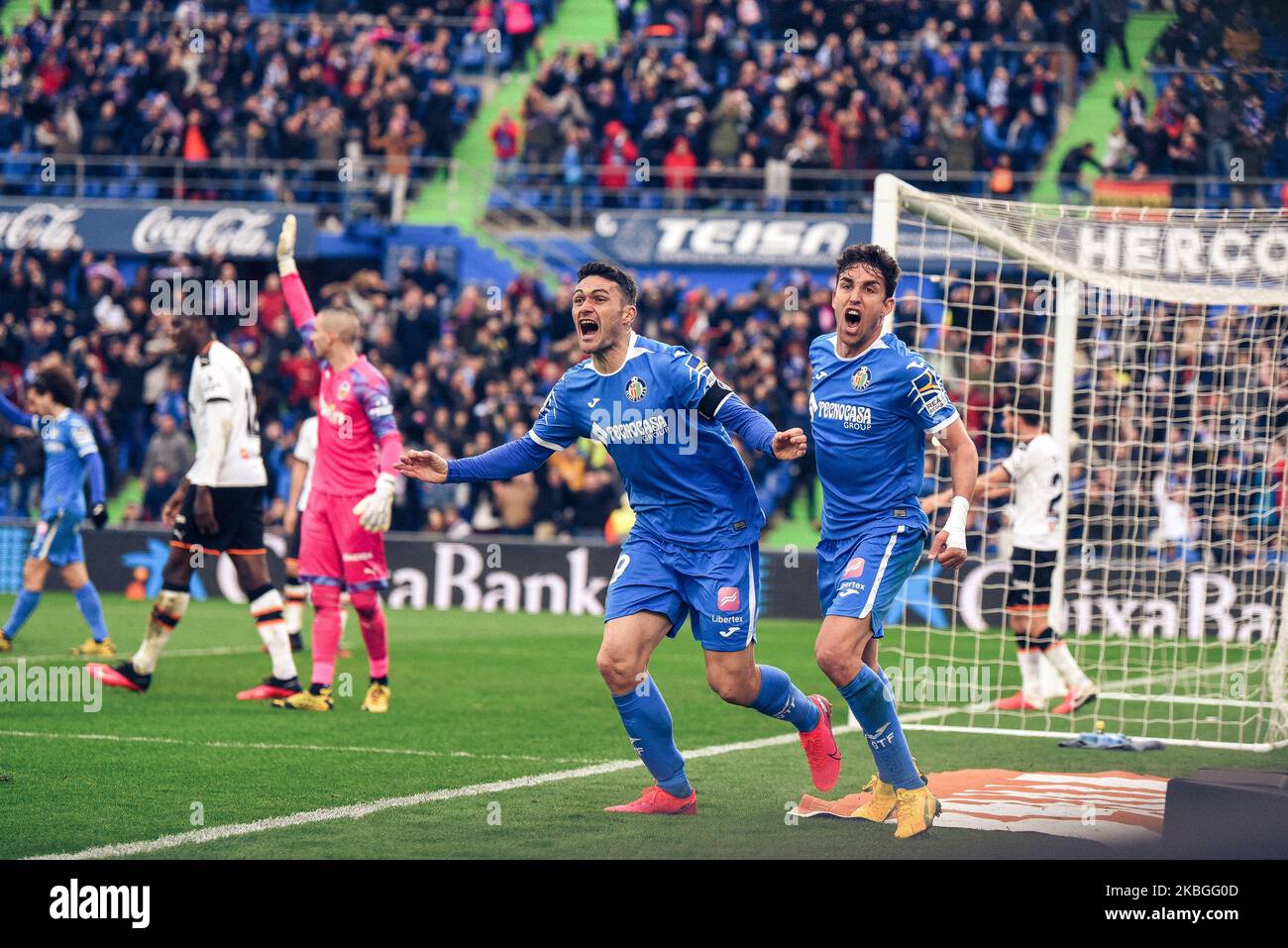 Jorge Molina und Jaime Mata feiern am 08. Februar 2020 im Coliseum Alfonso perez in Getafe, Spanien, ein Tor während des La Liga-Spiels zwischen Getafe CF und Valencia CF. (Foto von Rubén de la Fuente Pérez/NurPhoto) Stockfoto