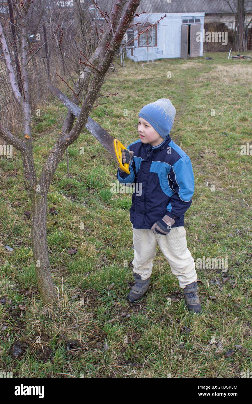 Kleiner Junge hilft im Garten, Äste zu schneiden Stockfotografie Alamy