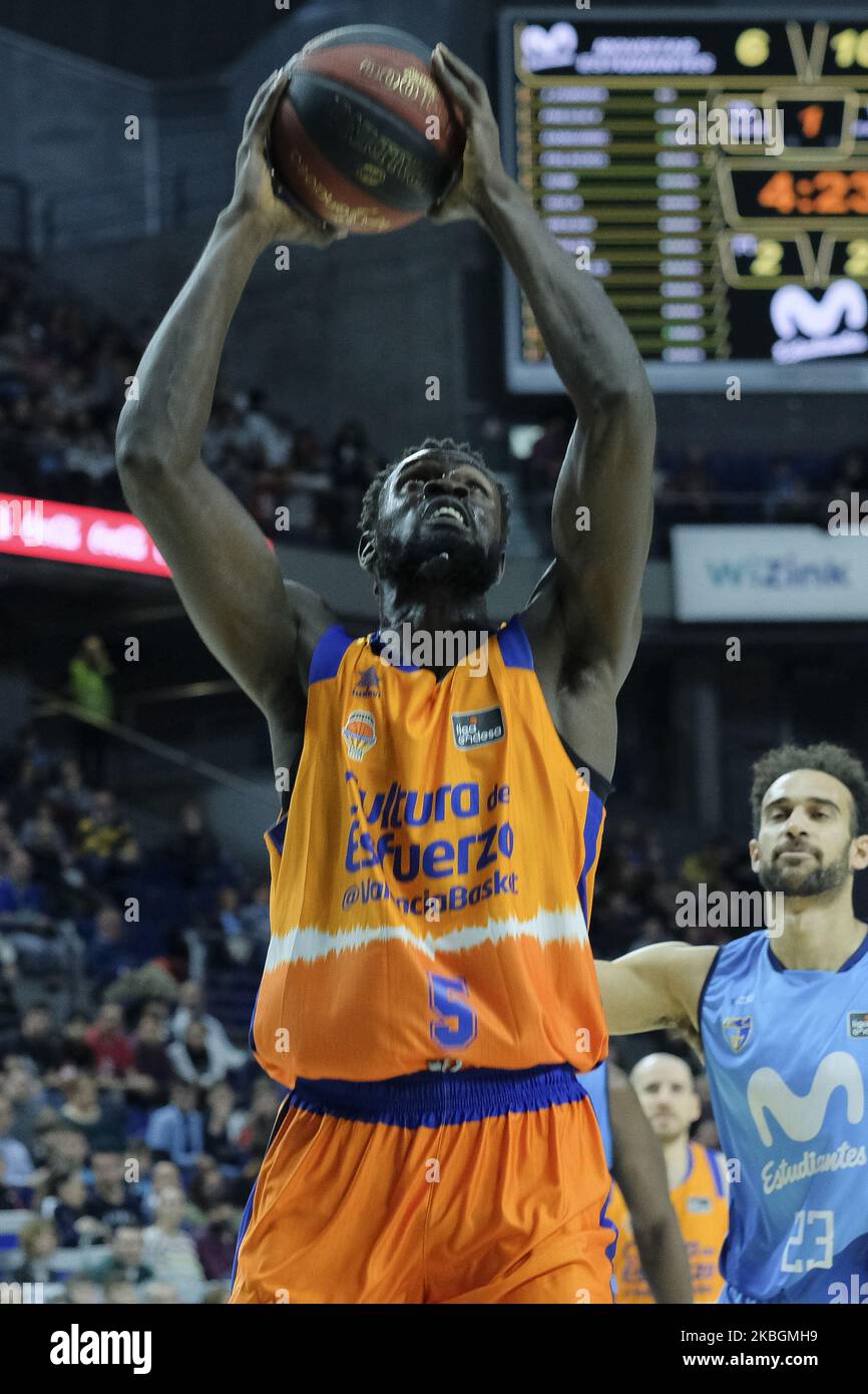 Maurice Ndour von Valencia Basket während der Spanischen Liga, Liga ACB, Basketballspiel, reguläre Saison, spielte zwischen Movistar Estudiantes und Valencia Basket am 9. Februar 2020 im Wizink Center in Madrid, Spanien. (Foto von Oscar Gonzalez/NurPhoto) Stockfoto