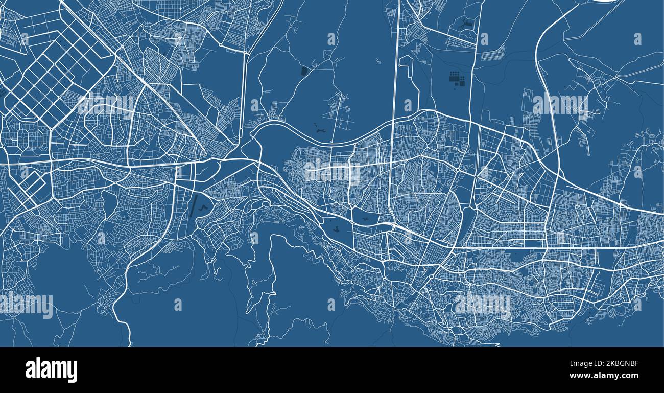 Detailliertes Kartenplakat des Verwaltungsgebiets der Stadt Bursa. Blaues Skyline-Panorama. Dekorative Grafik Touristenkarte von Bursa Gebiet. Lizenzfreie Vektorgrafik i Stock Vektor