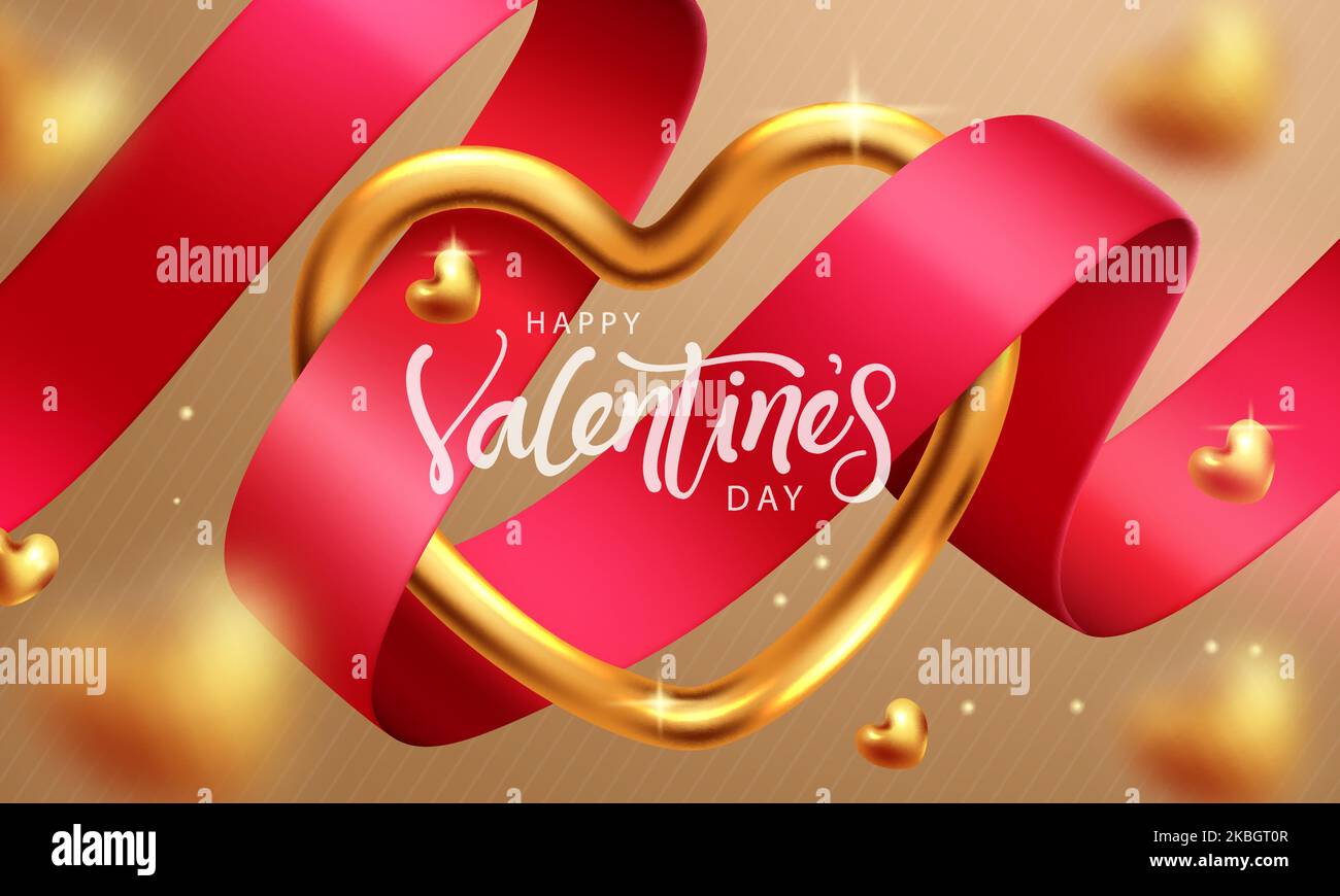 Alles Liebe zum valentinstag Text Vektor-Design. Valentine's Gold funkelndes Herz und rote Bändchenelemente im Musterhintergrund. Vektorgrafik. Stock Vektor