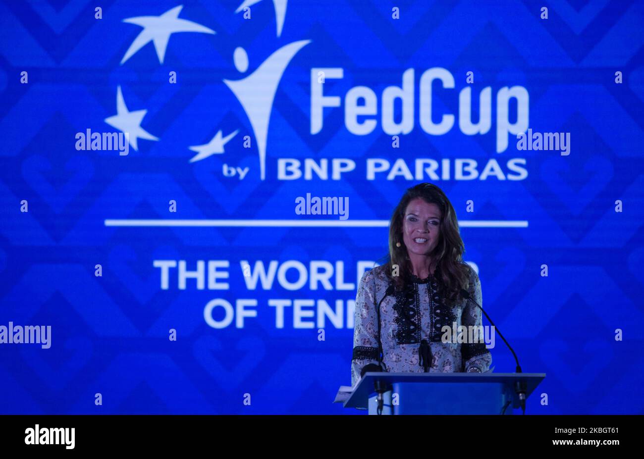 Annabel Croft war der Gastgeber der Verlosung für das Fed Cup Finale am Dienstag, den 11. Februar 2020, im Museum der Schönen Künste in Budapest. (Foto von Robert Szaniszló/NurPhoto) Stockfoto