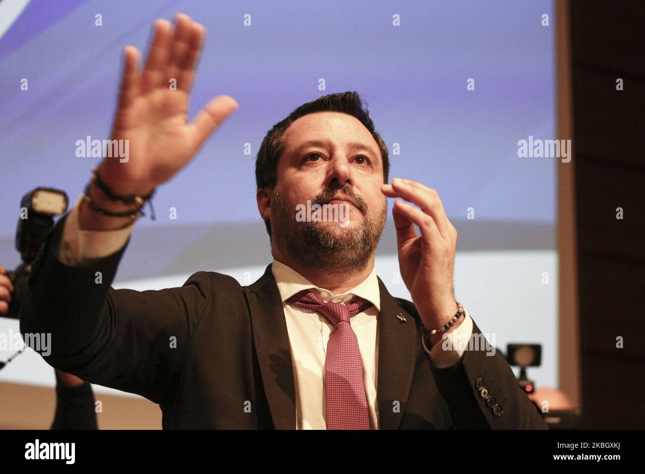 Matteo Salvini, Vorsitzender der italienischen rechtsextremen Partei Lega, trifft sich am 13. Februar 2020 im Sala dei 500 des Lingotto Fiere in Turin, Italien, mit seinen Anhängern. (Foto von Massimiliano Ferraro/NurPhoto) Stockfoto