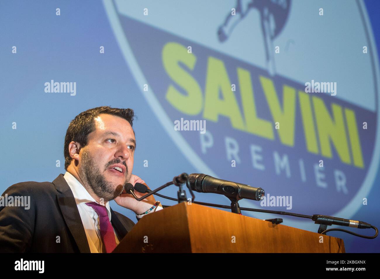 Matteo Salvini, Bundessekretär der Lega, spricht in Turin während der politischen Tour durch Italien mit dem Namen „Giro D'Italia“ am 13. Februar 2020 in Turin, Italien. (Foto von Mauro Ujetto/NurPhoto) Stockfoto