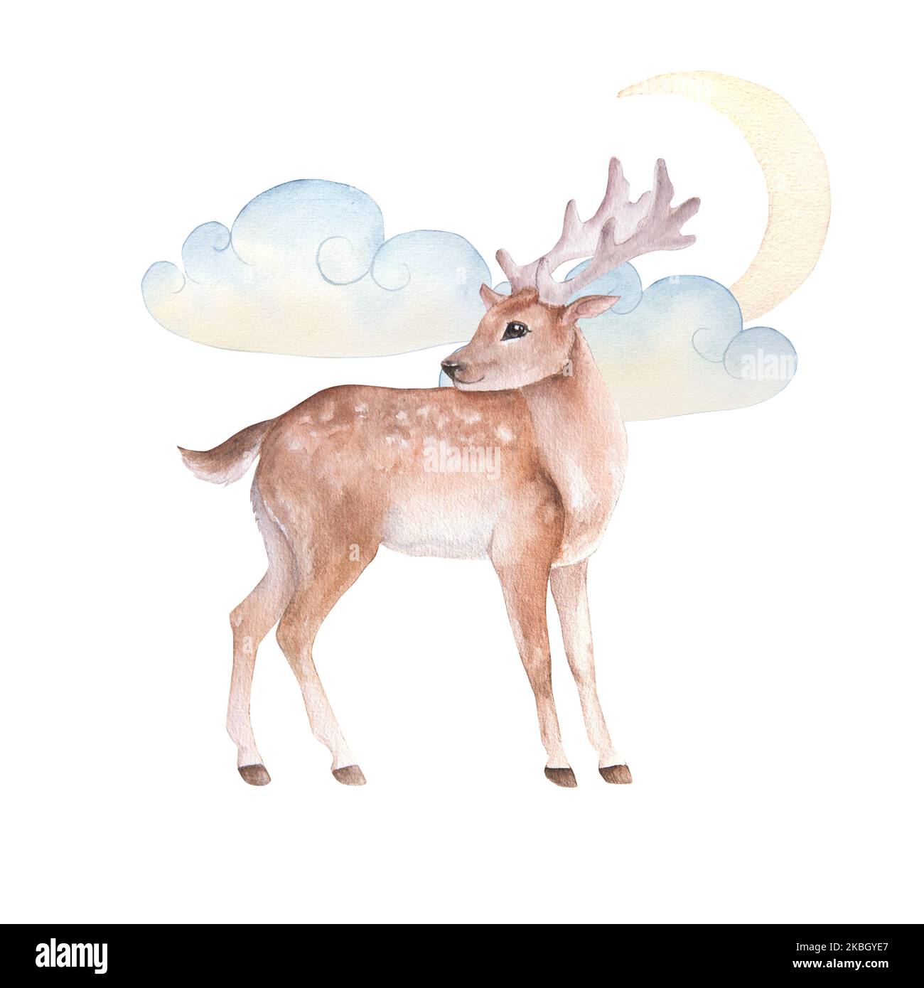 Aquarell-Illustration eines Zeichentrickfilms mit Wolken und Mond, isoliert Stockfoto