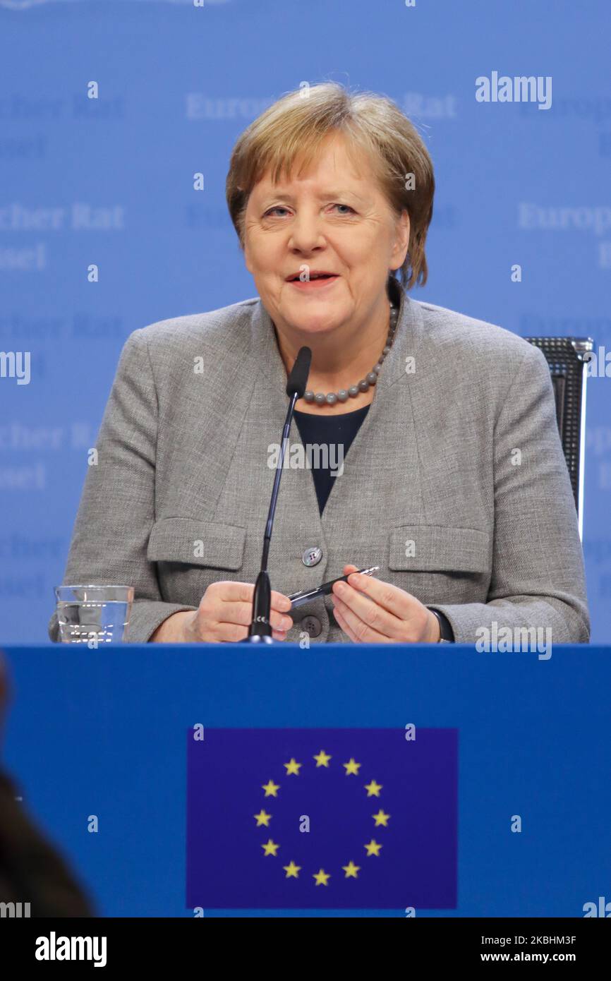 Bundeskanzlerin Angela Dorothea Merkel bei einer Pressekonferenz und Medienbesprechung nach dem zweiten Tag des Sondergipfels des Europäischen Rates EUCO, DES EURO-Spitzenpolitikgipfels - Treffen über die Verhandlungen über die zukünftige Planung des nächsten langfristigen Haushalts, Finanzrahmen der Europäischen Union für den Zeitraum 2021-2027. Brüssel, Belgien, 21. Februar 2020 (Foto von Nicolas Economou/NurPhoto) Stockfoto