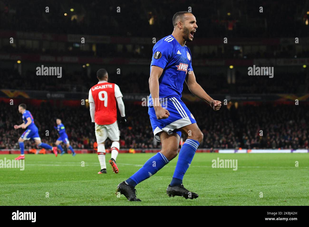 Youssef El-Arabi während der Europa League Runde von 32 2. Leg zwischen Arsenal und Olympiakos im Emirates-Stadion in London, England am 27. Februar 2020. (Foto von MI News/NurPhoto) Stockfoto