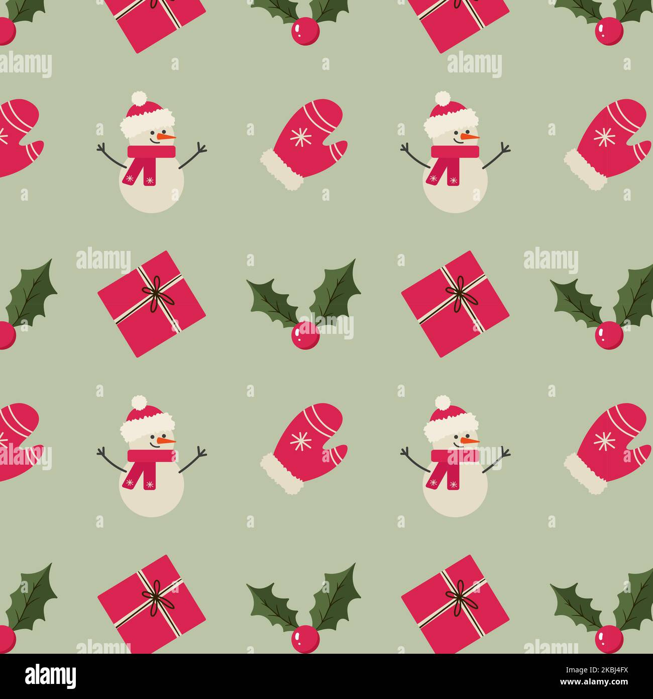 weihnachtsmuster mit Schneemann-Geschenken weihnachtsbeere und Fäustlinge Stock Vektor