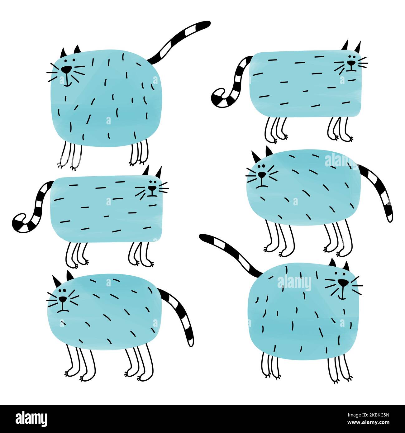 Set von lustigen blauen Doodle Katzen. Niedliche Cartoon fette Haustiere. Eine Sammlung von coolen Cliparts für die Gestaltung von Grußkarten, Stickern, Babyprodukten. Schöne Drucke für Kinderkleidung. Stock Vektor