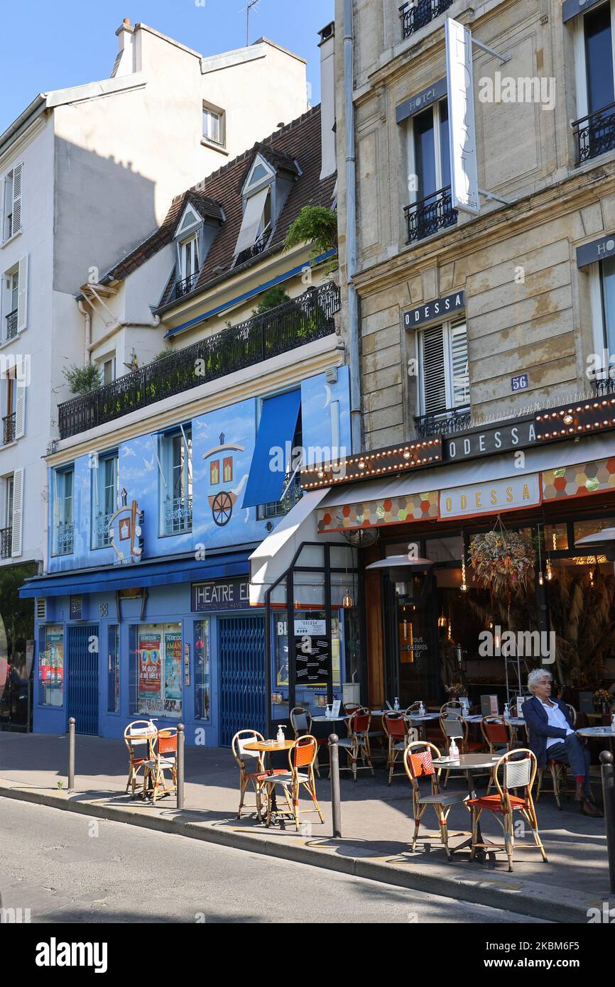 Das Theater Edgar, bekannt als "das Blaue Theater und Café Odessa in Paris, Frankreich, Europa. Ort Restaurant Sightseeing Stockfoto