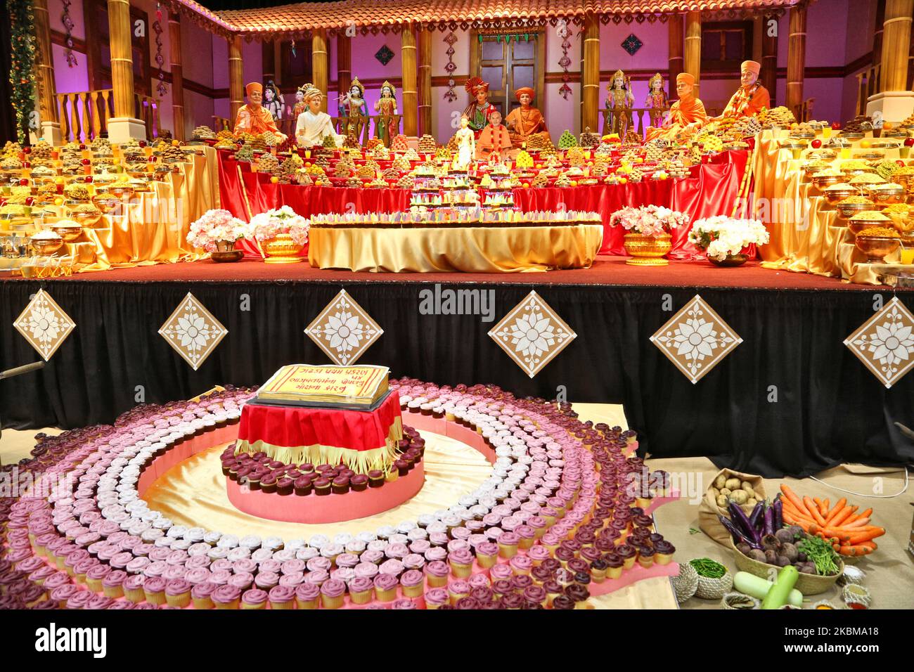 Berge von Süßigkeiten und vegetarischen Snacks werden vor den Gottheiten am BAPS Shri Swaminarayan Tempel während der Annakut Darshan (auch bekannt als Annakut Utsav und Govardhan Puja), die am fünften und letzten Tag des Festivals von Diwali stattfindet, angezeigt, Dies markiert den Beginn des Hindu-Neujahrs in Toronto, Ontario, Kanada am 28. Oktober 2019. Annakut, was einen „großen Berg an Nahrung“ bedeutet, der Gott als Zeichen der Hingabe angeboten wird. BAPS (Bochasanwasi Shri Akshar Purushottam Swaminarayan Sanstha) ist eine Sekte des Hinduismus Diksha Vidhi und ihrer Tempel, obwohl sie vielen Hindu gewidmet ist Stockfoto Berge von Süßigkeiten und vegetarischen Snacks werden vor den Gottheiten am BAPS Shri Swaminarayan Tempel während der Annakut Darshan (auch bekannt als Annakut Utsav und Govardhan Puja), die am fünften und letzten Tag des Festivals von Diwali stattfindet, angezeigt, Dies markiert den Beginn des Hindu-Neujahrs in Toronto, Ontario, Kanada am 28. Oktober 2019. Annakut, was einen „großen Berg an Nahrung“ bedeutet, der Gott als Zeichen der Hingabe angeboten wird. BAPS (Bochasanwasi Shri Akshar Purushottam Swaminarayan Sanstha) ist eine Sekte des Hinduismus Diksha Vidhi und ihrer Tempel, obwohl sie vielen Hindu gewidmet ist Stockfoto