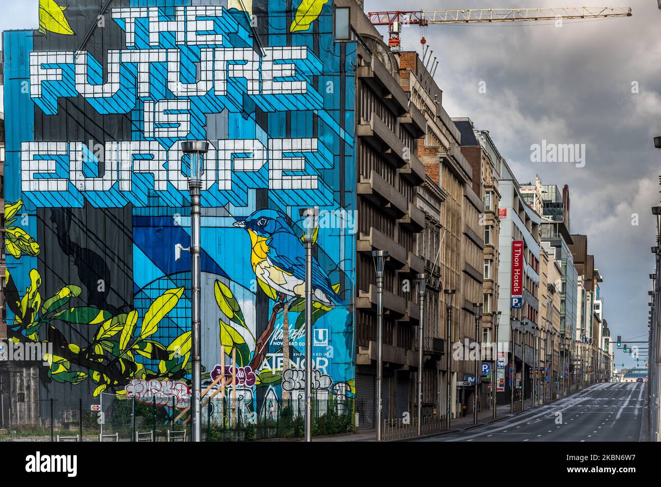 Gesamtansicht der Rue De La Loi (Wetstraat) in Brüssel - Belgien 01 Mai 2020. Aufgrund der Ausbreitung der Coronavirus-Pandemie (COVID-19) sind keine Massenveranstaltungen oder Demonstrationen erlaubt. (Foto von Jonathan Raa/NurPhoto) Stockfoto